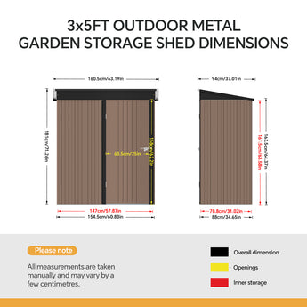 Outdoor metal garden storage shed dimension diagram showing overall size and door openings