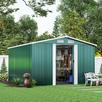 Dark green metal garden storage shed with sliding door open showing shelves inside