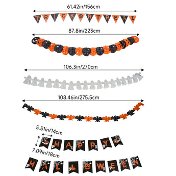 Halloween banner set with multiple pennant garlands; size diagram with measurements
