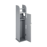 Grey bathroom toilet roll cabinet with open door and top roll holder