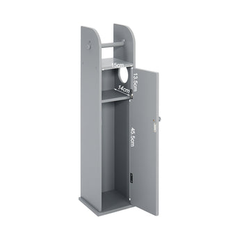 Grey bathroom toilet roll cabinet with open door and top roll holder