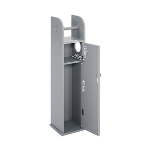 Grey bathroom toilet roll cabinet with open door and top roll holder