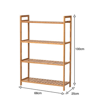 4-tier bamboo shelf dimensions 68cm W, 25cm D, 100cm H
