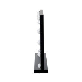 LED vanity mirror in black frame, side view with round bulbs and stand base