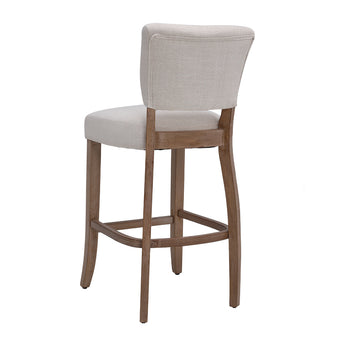 Light grey linen bar stool, upholstered seat and back with curved footrest