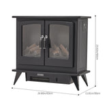 Freestanding electric fireplace heater, matte black cabinet with front glass doors