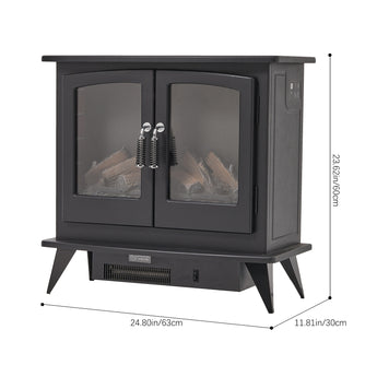 Freestanding electric fireplace heater, matte black cabinet with front glass doors