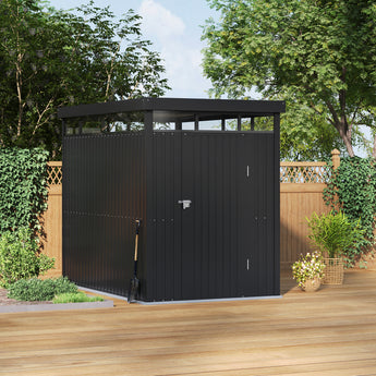Lockable metal storage shed with flat roof, dark gray exterior and two-panel front door, handle lock