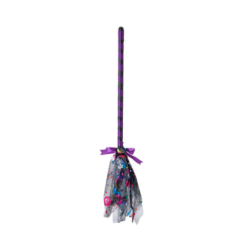 Purple-striped Halloween wand with silver tulle pouch and tied purple bow