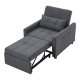 Dark grey sofa bed chair with pull-out chaise and tufted cushions, angled view