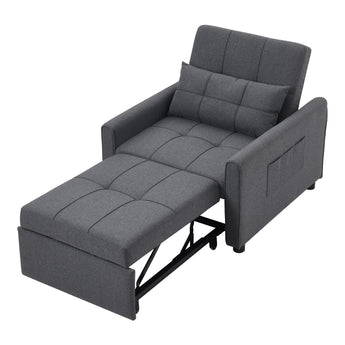 Dark grey sofa bed chair with pull-out chaise and tufted cushions, angled view