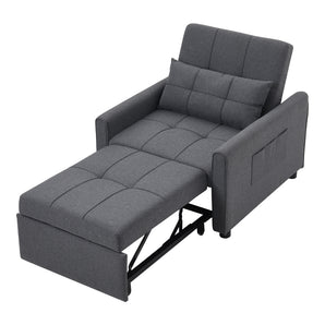 Dark grey sofa bed chair with pull-out chaise and tufted cushions, angled view