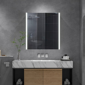 LED wall mirror cabinet above vanity with two door panels and bright perimeter light
