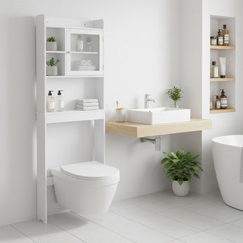 White bathroom over-toilet storage cabinet with open shelves and top door
