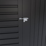 Black shed door latch with horizontal vented panel details