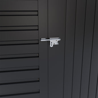 Black shed door latch with horizontal vented panel details