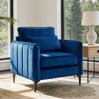 Blue single armchair sofa with rounded arms, tufted back, and cushioned seat