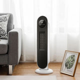 White digital ceramic tower heater with black control panel and display, standing base