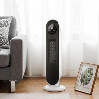 White digital ceramic tower heater with black control panel and display, standing base
