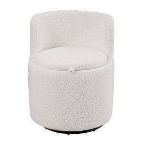 White sherpa upholstered swivel chair, rounded back and cushioned seat