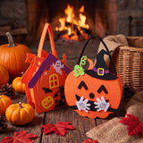 Halloween felt treat bags, haunted house and jack-o'-lantern designs