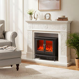 Freestanding electric fireplace heater with glowing logs in dark glass doors