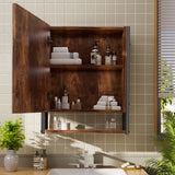 Wall-mounted 3-tier mirror cabinet, dark wood door open, shelves with toiletries and bottles