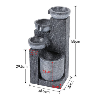 Outdoor solar water fountain decor with dimensions: 58cm height, 25.5cm width.