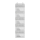 Grey 5-pocket over-door fabric organizer with hanging loops and five open bins
