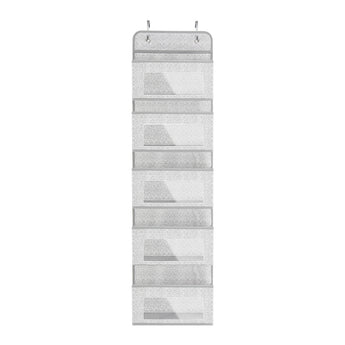 Grey 5-pocket over-door fabric organizer with hanging loops and five open bins