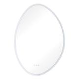 Oval frameless LED bathroom mirror with white perimeter glow and touch control icons