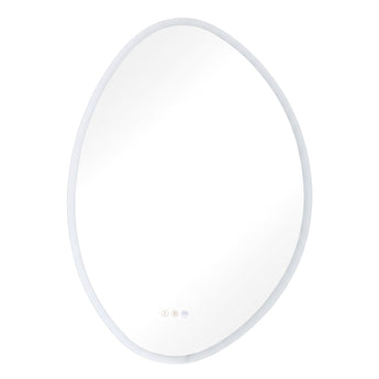 Oval frameless LED bathroom mirror with white perimeter glow and touch control icons