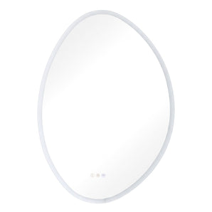 Oval frameless LED bathroom mirror with white perimeter glow and touch control icons