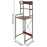 Over-toilet storage rack, black metal frame with three brown shelves and curved guard rails