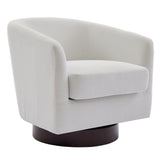 Cream upholstered swivel armchair with padded arm and dark round base.