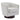 Cream upholstered swivel armchair with padded arm and dark round base.