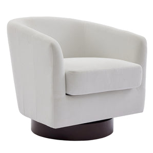 Cream upholstered swivel armchair with padded arm and dark round base.
