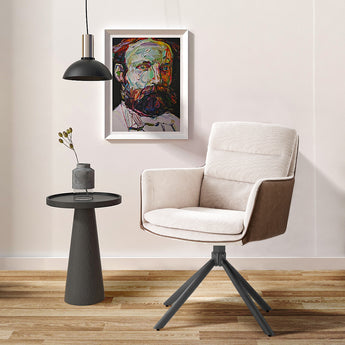Adjustable accent chair with beige linen seat and brown side panels on black legs