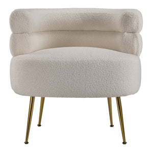 Cream teddy accent chair with rounded backrest, cushioned seat, and gold tapered legs