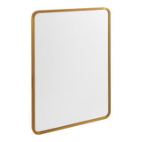 Rectangular bathroom mirror cabinet with gold-tone frame and rounded corners