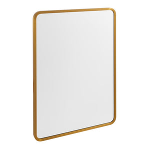 Rectangular bathroom mirror cabinet with gold-tone frame and rounded corners