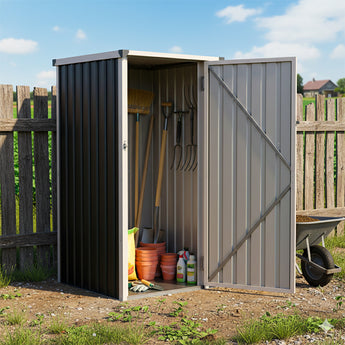 Anthracite metal garden storage shed with doors open showing hanging tool hooks
