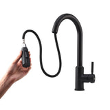 Black single-handle stainless steel kitchen faucet with pull-down sprayer hose