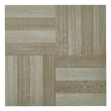 Wood-effect vinyl tile square with stacked strip pattern in light beige and gray