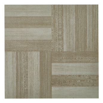 Wood-effect vinyl tile square with stacked strip pattern in light beige and gray