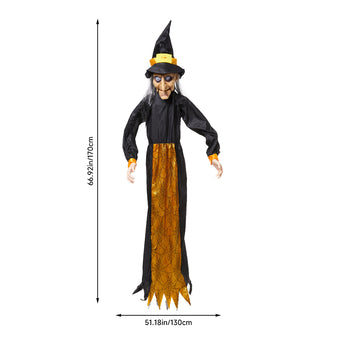 Full witch costume: black hooded robe with orange webbed maxi skirt and yellow pointed hat