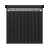 Metal storage shed front panel view, black corrugated steel under flat roof