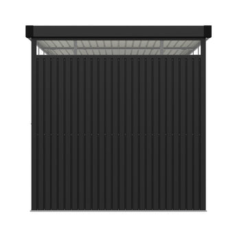 Metal storage shed front panel view, black corrugated steel under flat roof