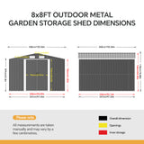 Outdoor metal garden storage shed dimensions diagram with roof and wall measurements