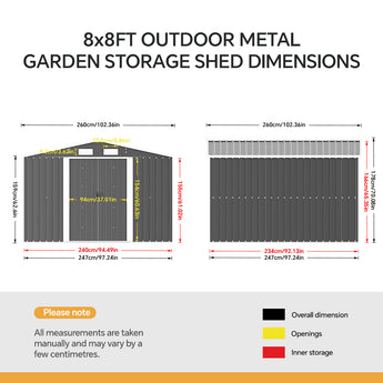 Outdoor metal garden storage shed dimensions diagram with roof and wall measurements